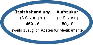 Basisbehandlung, 6 Sitzungen 450 € Aubaukur, je Sitzung 50€ jeweils zuzüglich Kosten für Medikamente